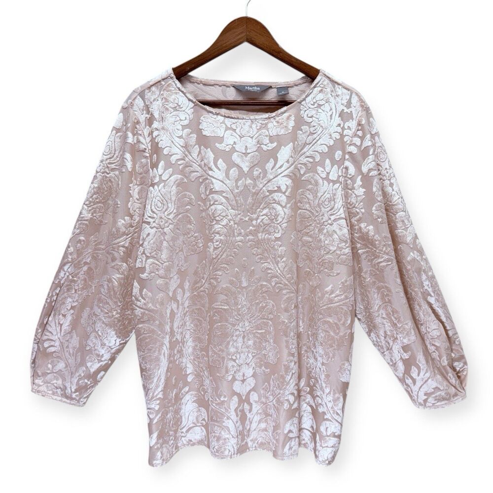 Martha Stewart Velvet Burnout Top Size XL Pink Damask Blouse Holiday Church